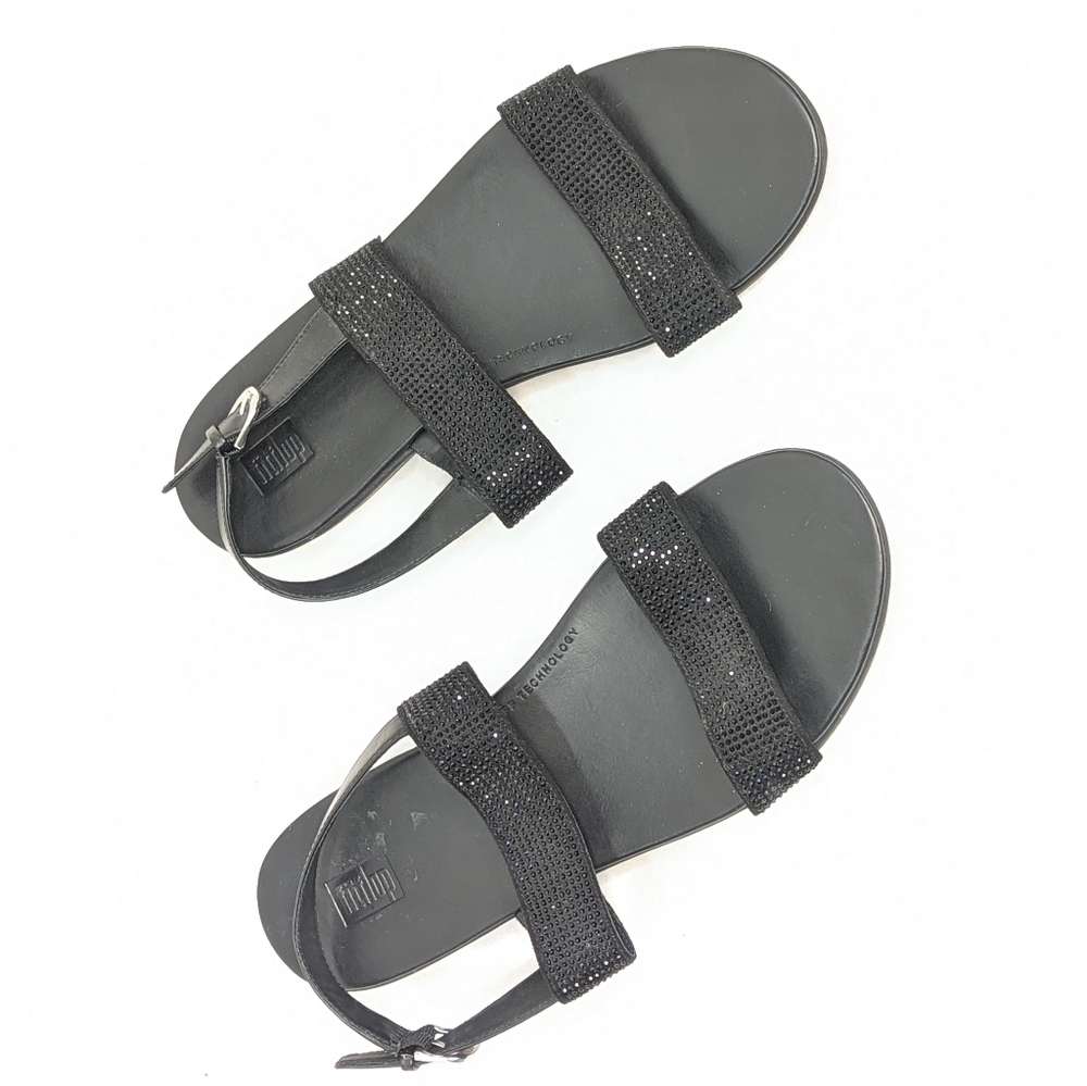FITFLOP Barra Black Crystalized Strap Sandals Leather Lining Adjustable 10